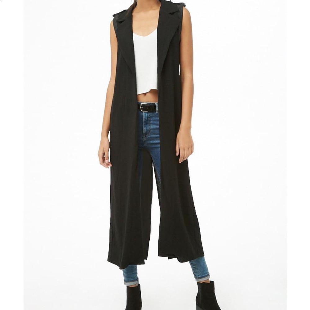 Longline vest with faux leather shoulder trimming